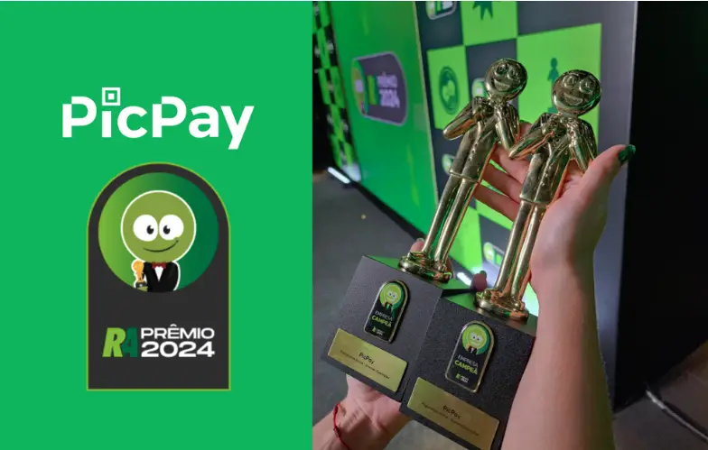 Imagem institucional Prêmio RA 2024, com as duas estatuetas do PicpPay em destaque.